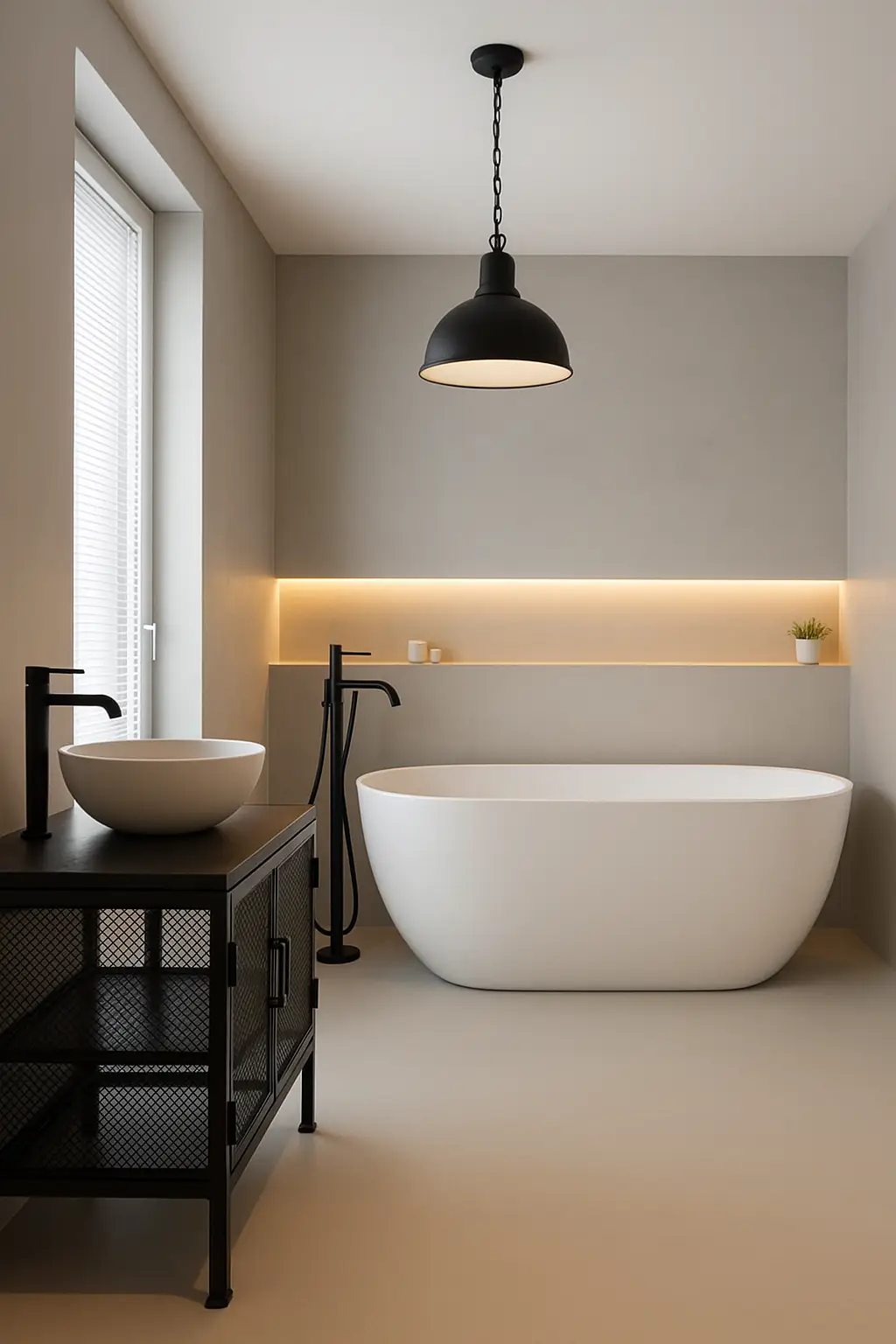 Minimalistische badkamer met microcement wand en lavasteen-gietvloer