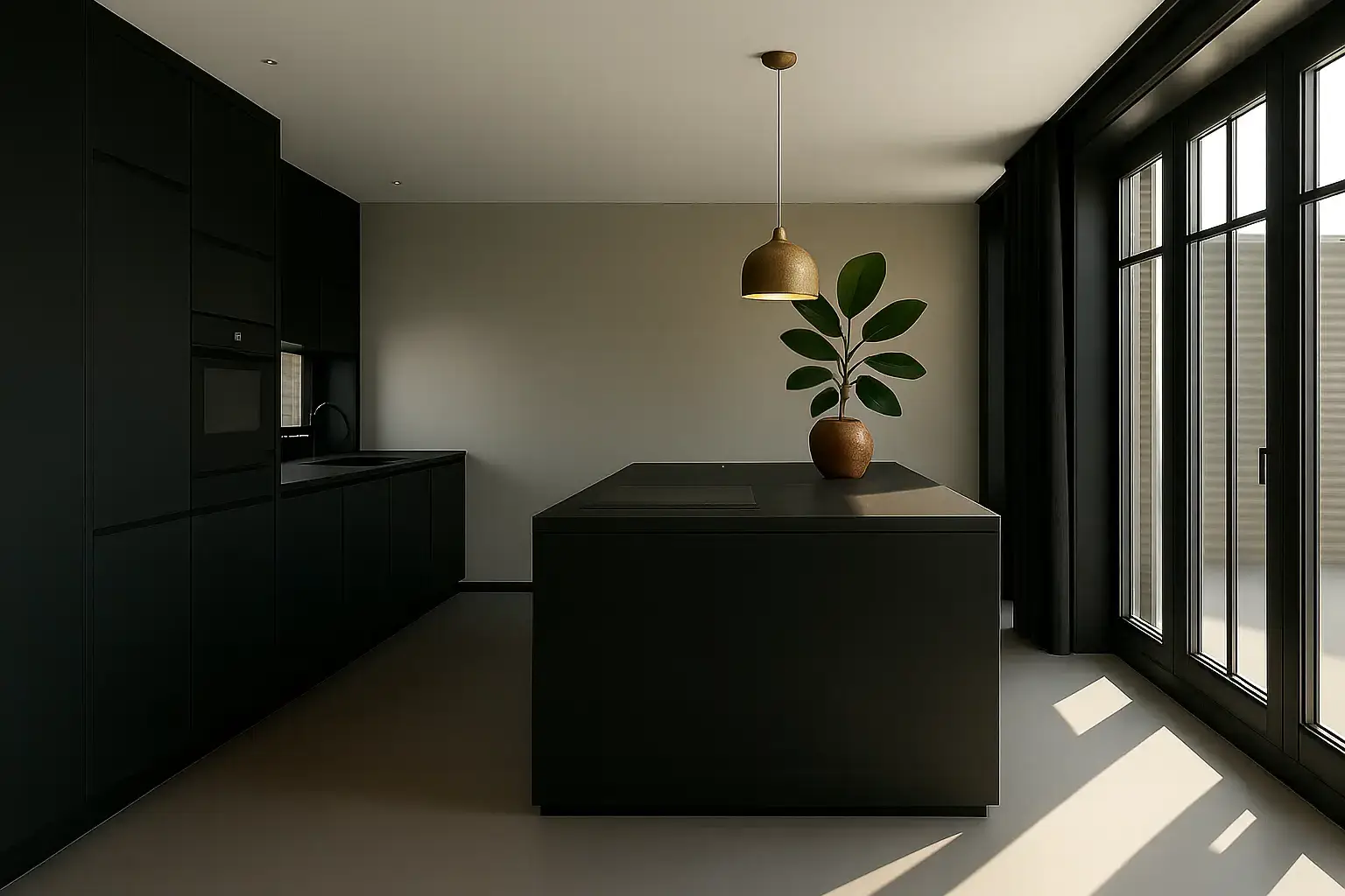 Lavasteen-gietvloer in een zwarte keuken met natuurlijk licht