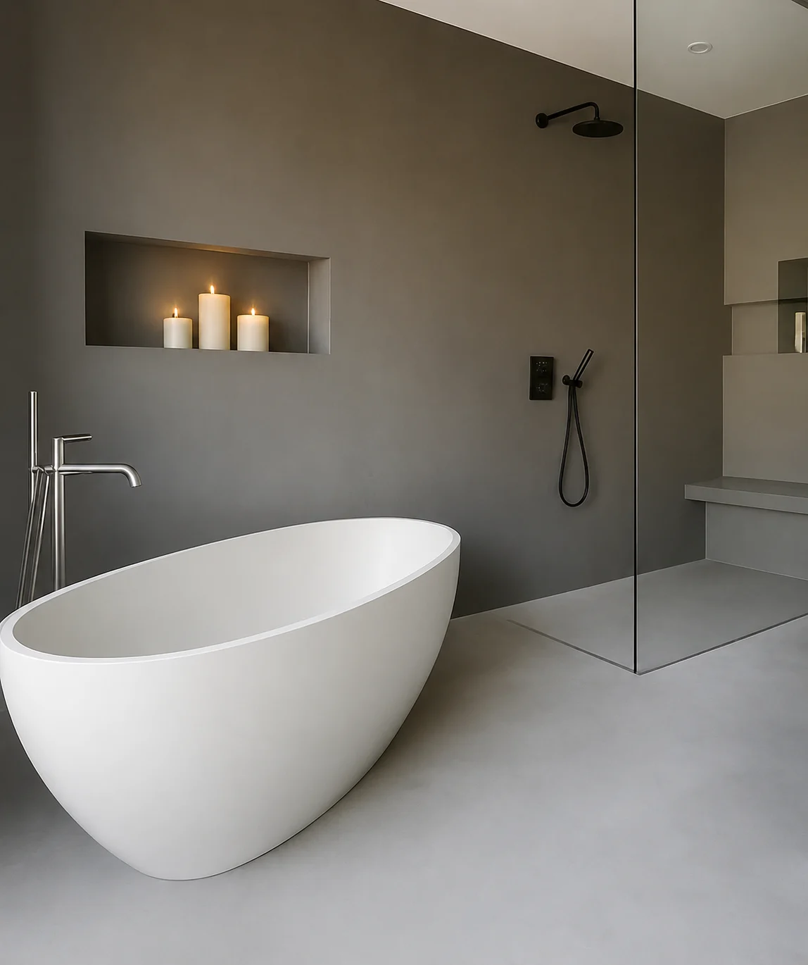 Badkamer met microcement wanden en lavasteen-gietvloer