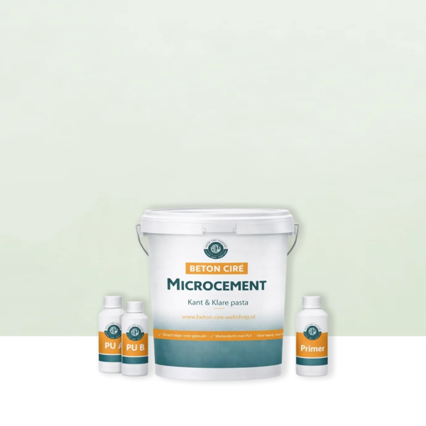 Microcement Green 1 — emmer met premixed pasta, PU-topcoat en primer