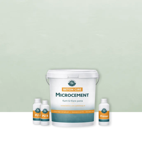 Microcement Green 3 — emmer met premixed pasta, PU-topcoat en primer