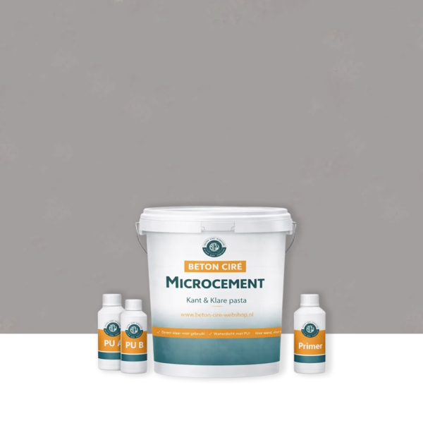 Microcement Lavender Grey 5 — emmer met premixed pasta, PU-topcoat en primer