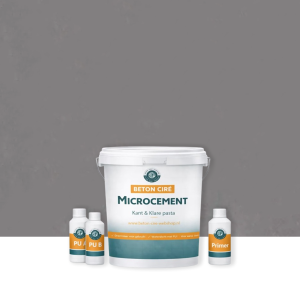 Microcement Lavender Grey 6 — emmer met premixed pasta, PU-topcoat en primer