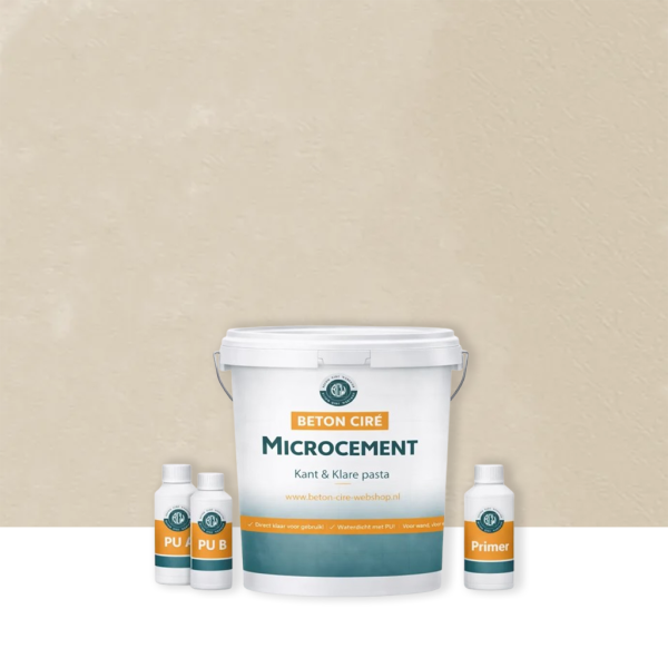 Microcement Sand 2 — emmer met premixed pasta, PU-topcoat en primer