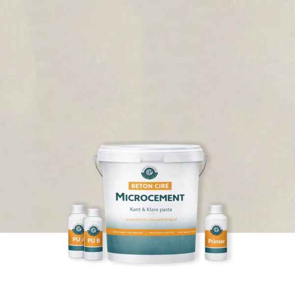 Microcement Warm Grey 1 — emmer met premixed pasta, PU-topcoat en primer