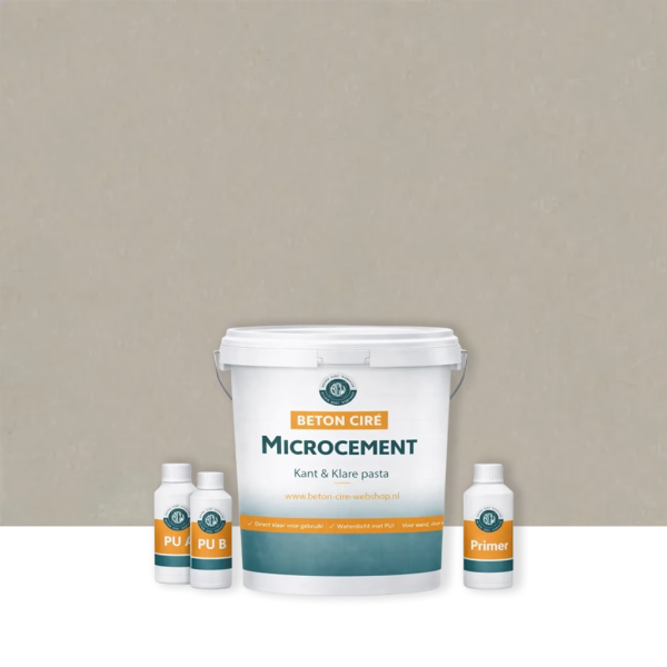Microcement Warm Grey 2 — emmer met premixed pasta, PU-topcoat en primer