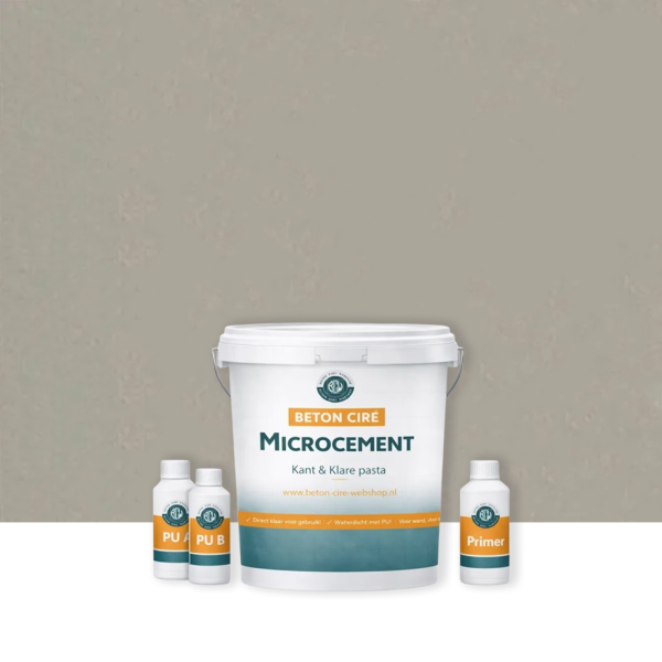 Microcement Warm Grey 3 — emmer met premixed pasta, PU-topcoat en primer