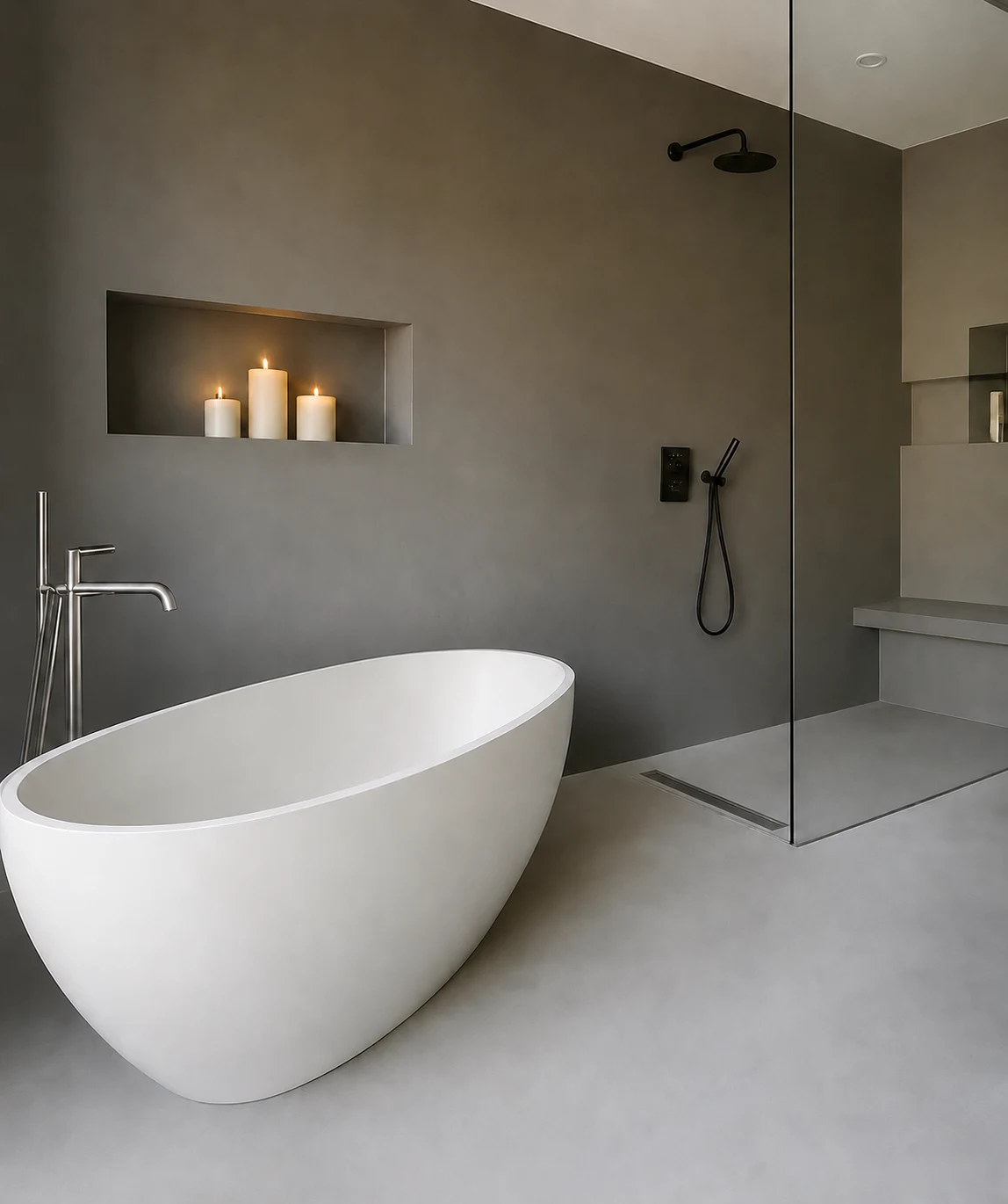 Complete badkamer met microcement wanden en lavasteen-gietvloer met easydrain afvoer